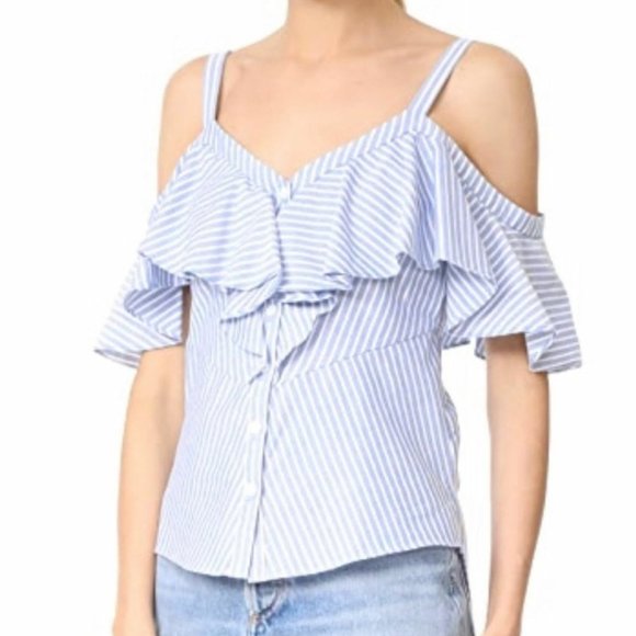 Veronica Beard Grant Multiway  Striped Ruffle Cold Shoulder Cocktail Blouse Top - Picture 2 of 11